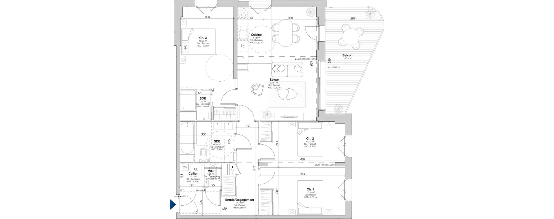 Appartement T4 de 87,77 m2 au Mans Courboulay