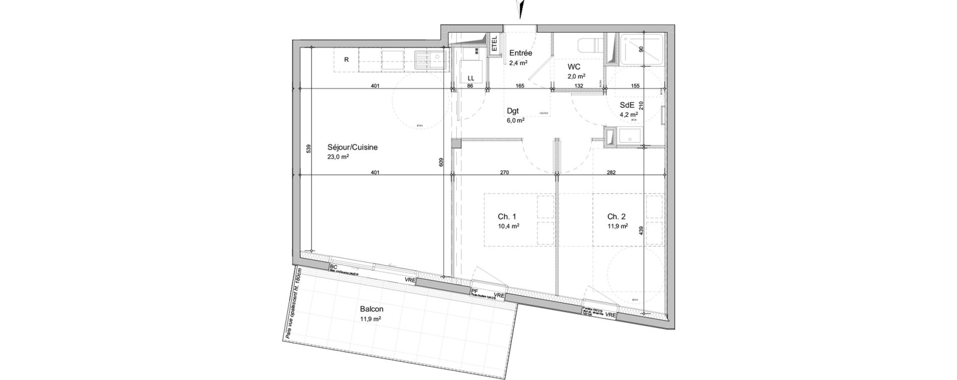 Appartement T3 de 59,90 m2 au Fenouiller Centre