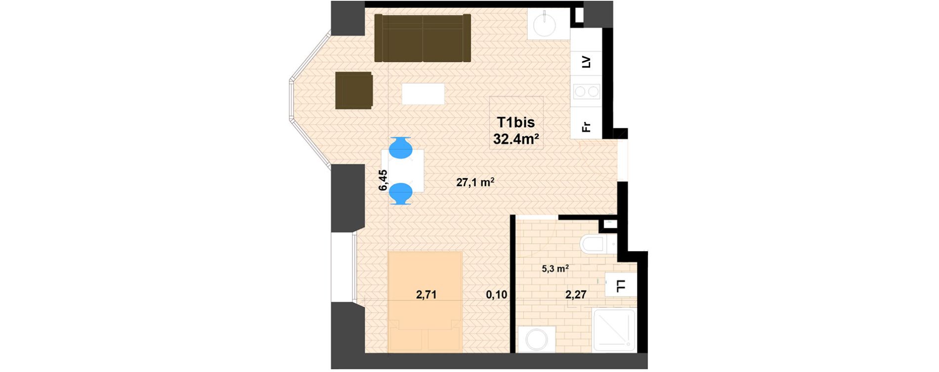 Appartement T1 bis de 32,40 m2 &agrave; Cannes Republique