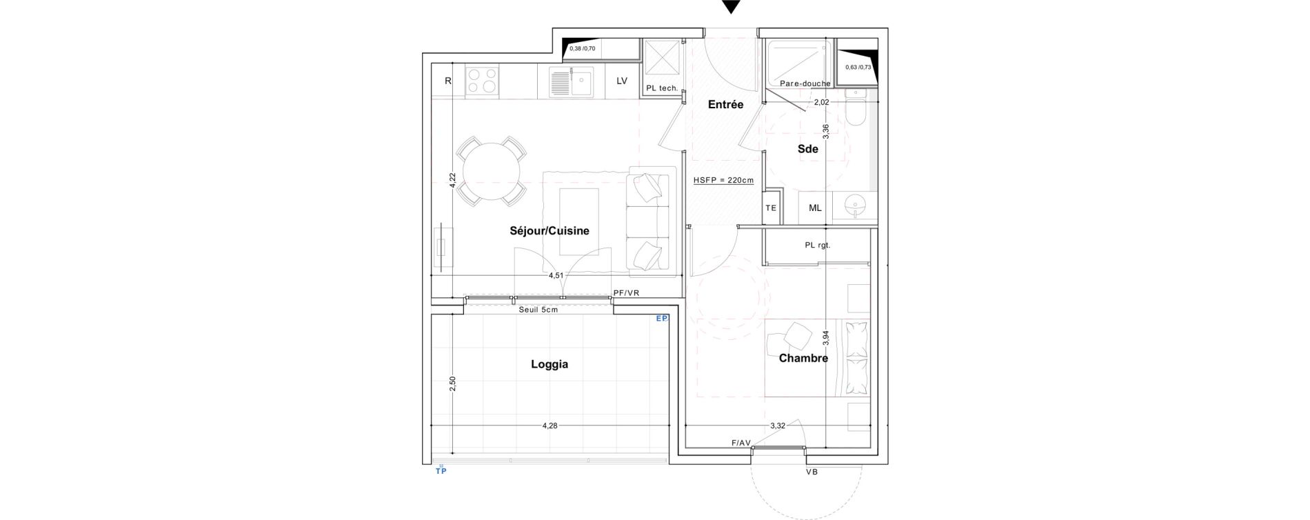 Appartement T2 de 42,80 m2 &agrave; Ch&acirc;teauneuf-Grasse Centre