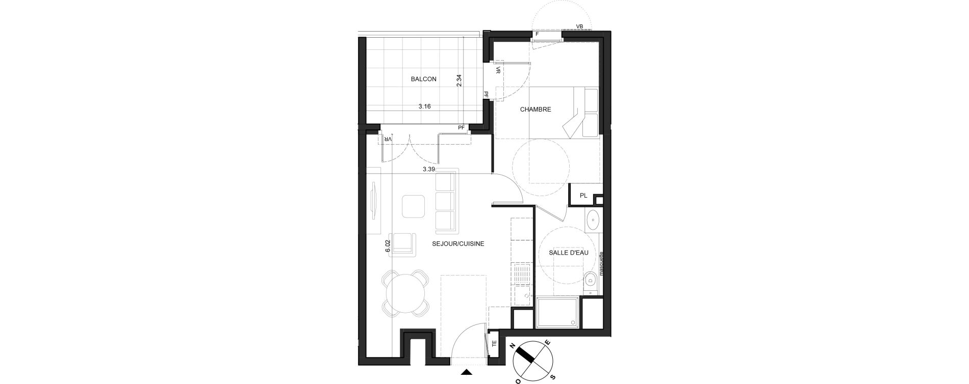 Appartement T2 de 41,08 m2 &agrave; La Trinit&eacute; Centre