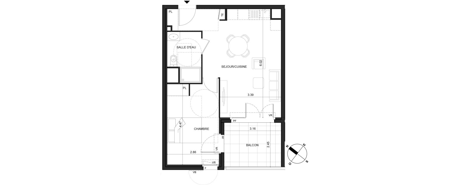 Appartement T2 de 43,61 m2 &agrave; La Trinit&eacute; Centre