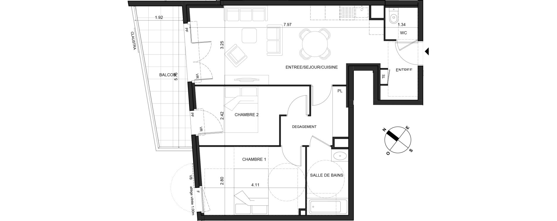 Appartement T3 de 59,74 m2 &agrave; La Trinit&eacute; Centre