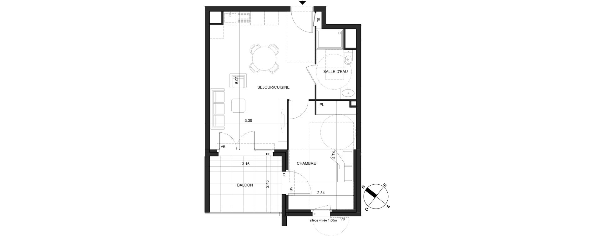 Appartement T2 de 43,24 m2 à La Trinité Centre