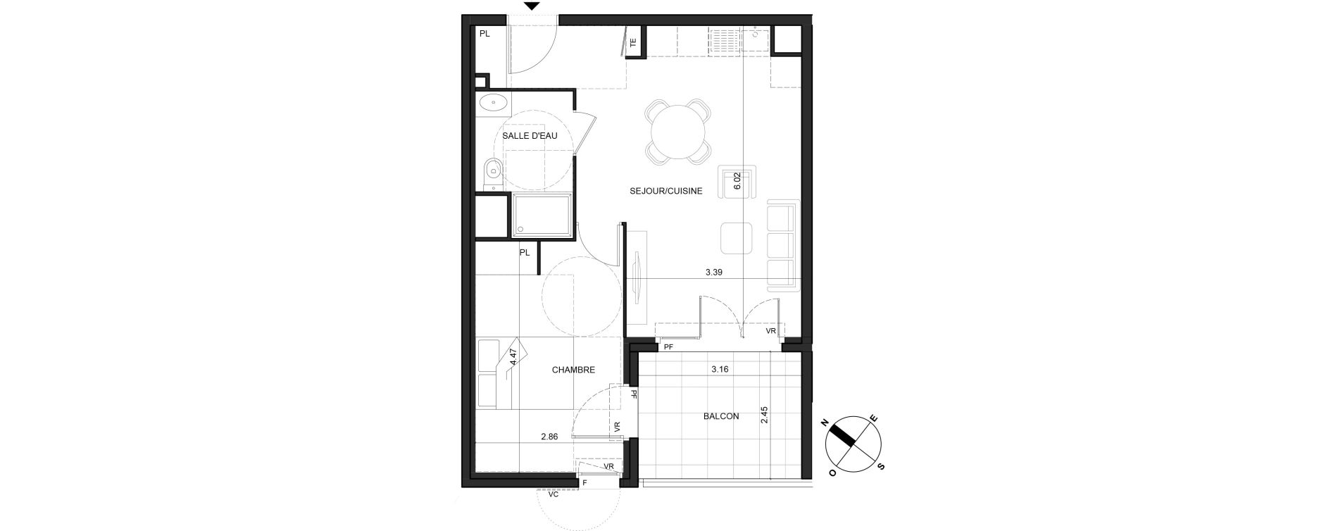 Appartement T2 de 43,24 m2 &agrave; La Trinit&eacute; Centre