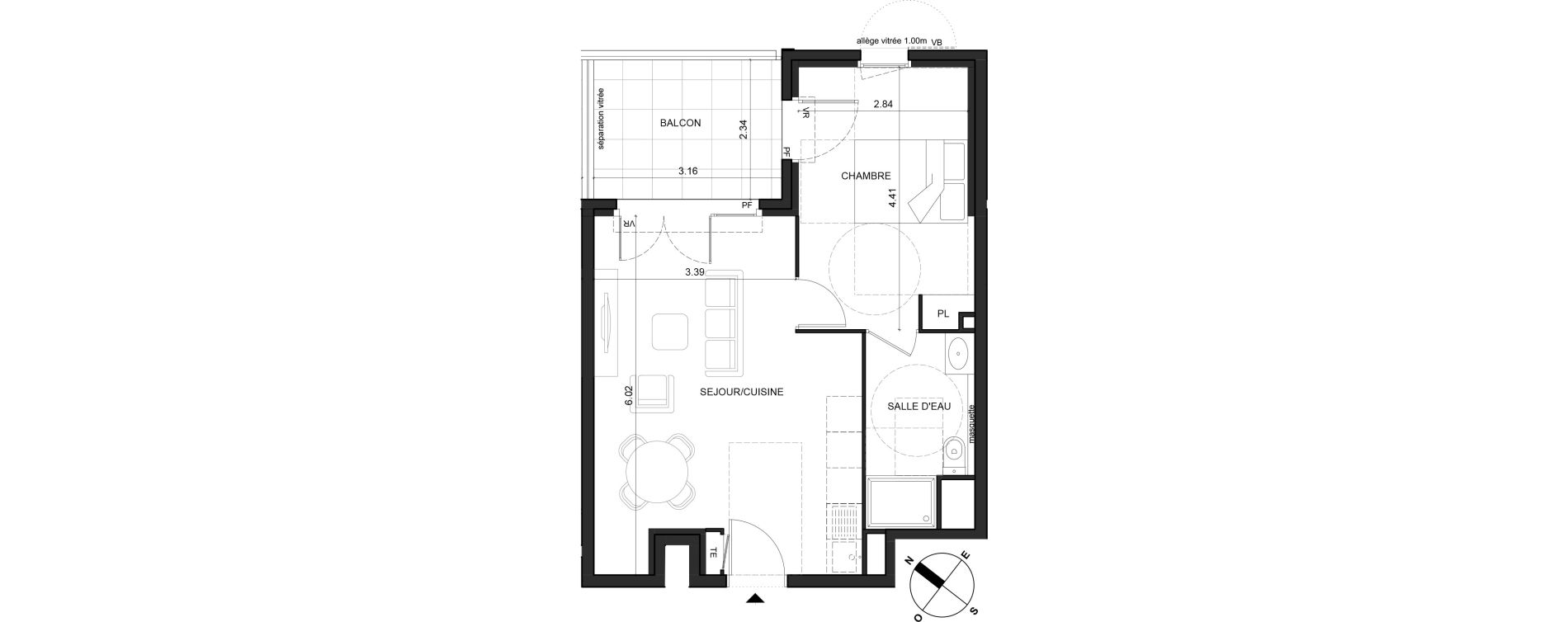 Appartement T2 de 42,15 m2 &agrave; La Trinit&eacute; Centre