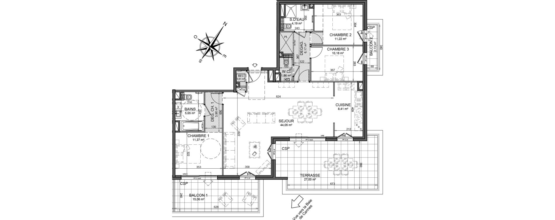 Appartement T4 de 107,81 m2 au Cannet Centre