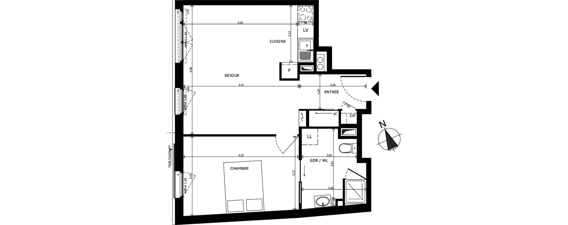 Appartement T2 de 44,26 m2 au Cannet Centre