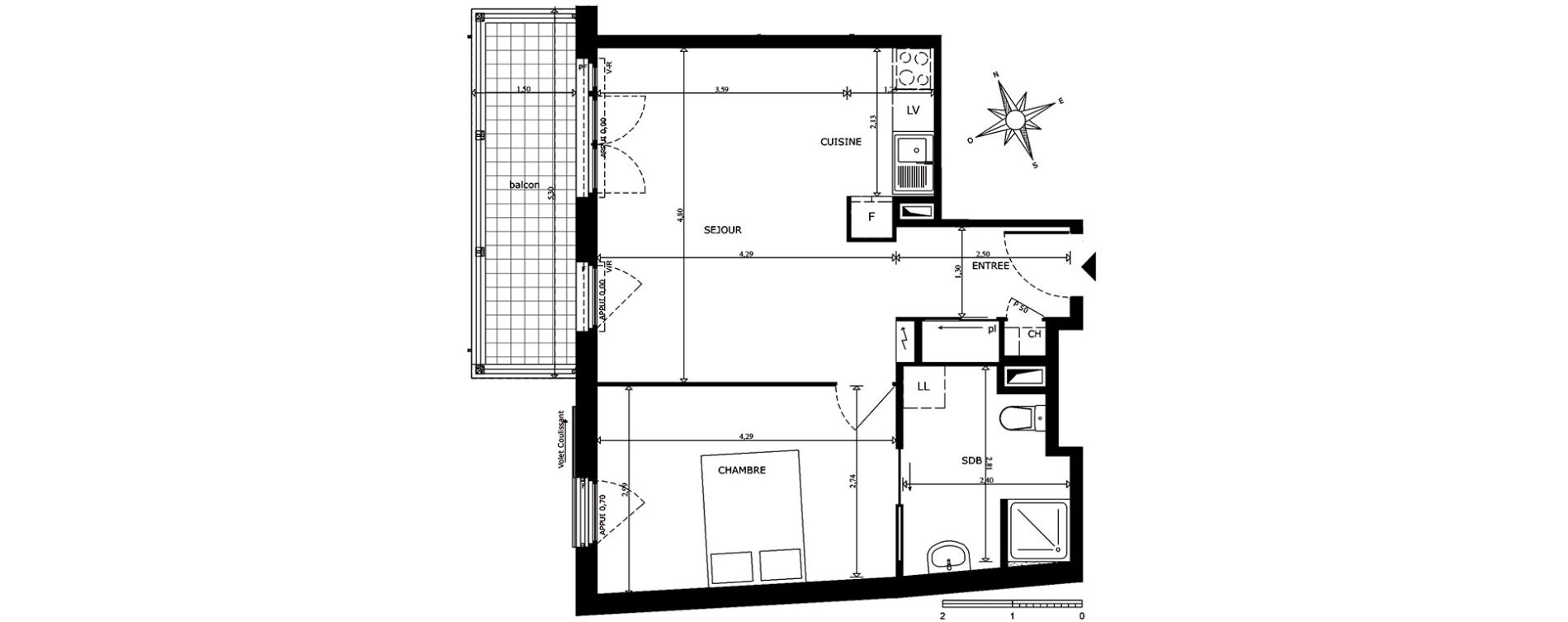 Appartement T2 de 44,43 m2 au Cannet Centre