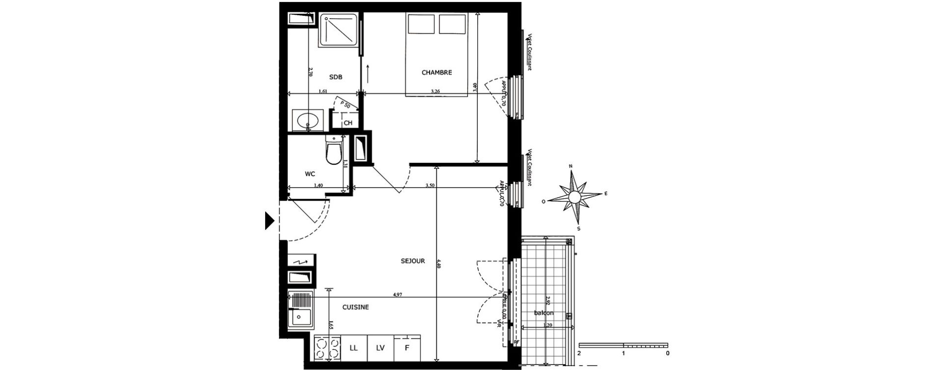 Appartement T2 de 36,86 m2 au Cannet Centre