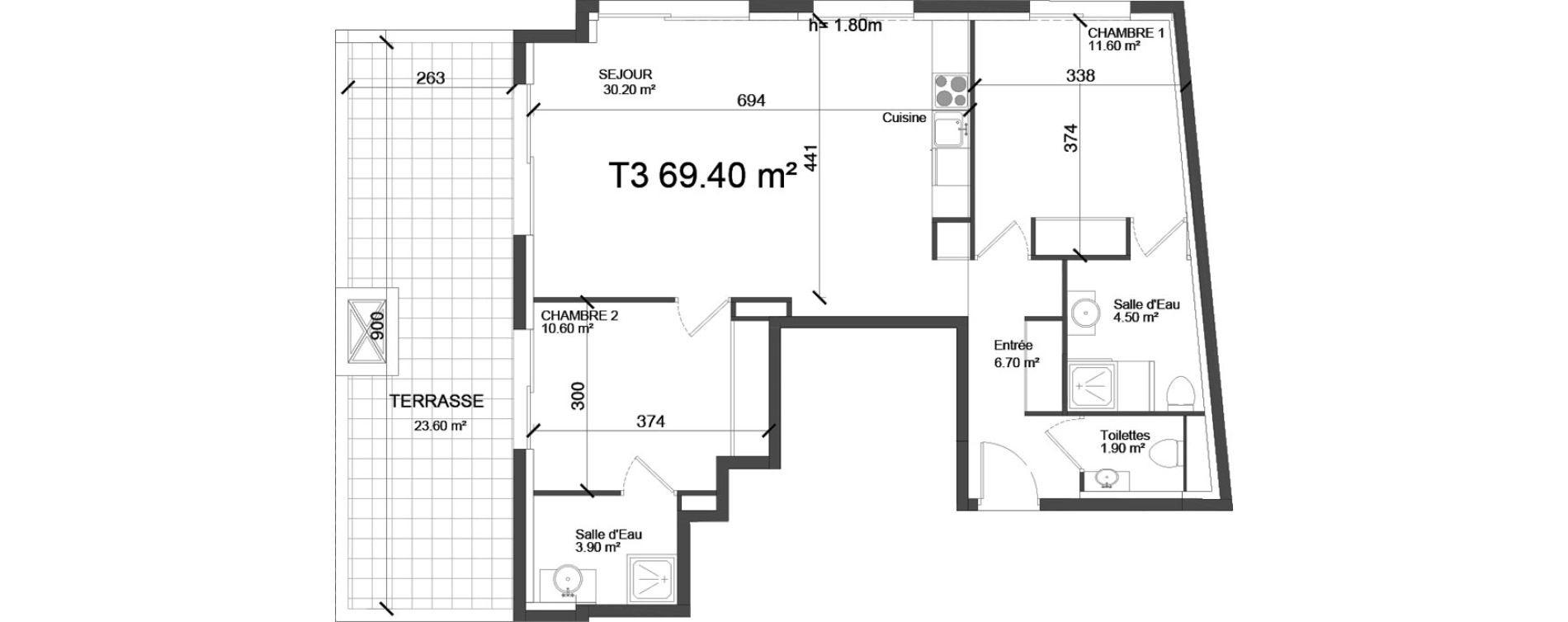 Appartement T3 de 69,40 m2 &agrave; Nice L archet