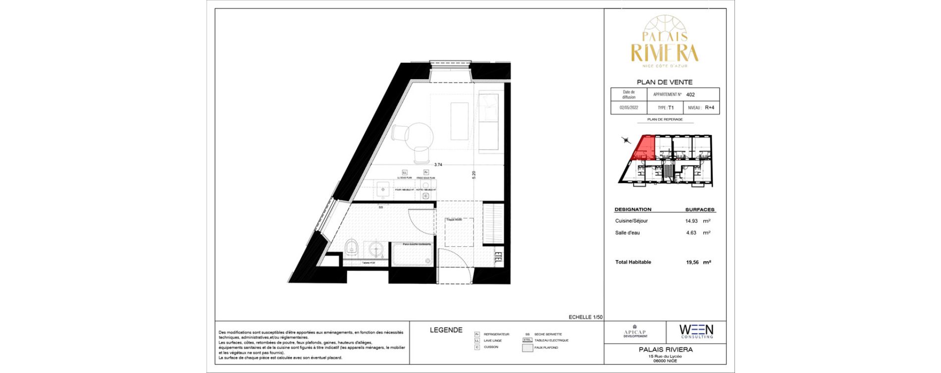 Appartement T1 de 19,56 m2 &agrave; Nice Promenade du paillon