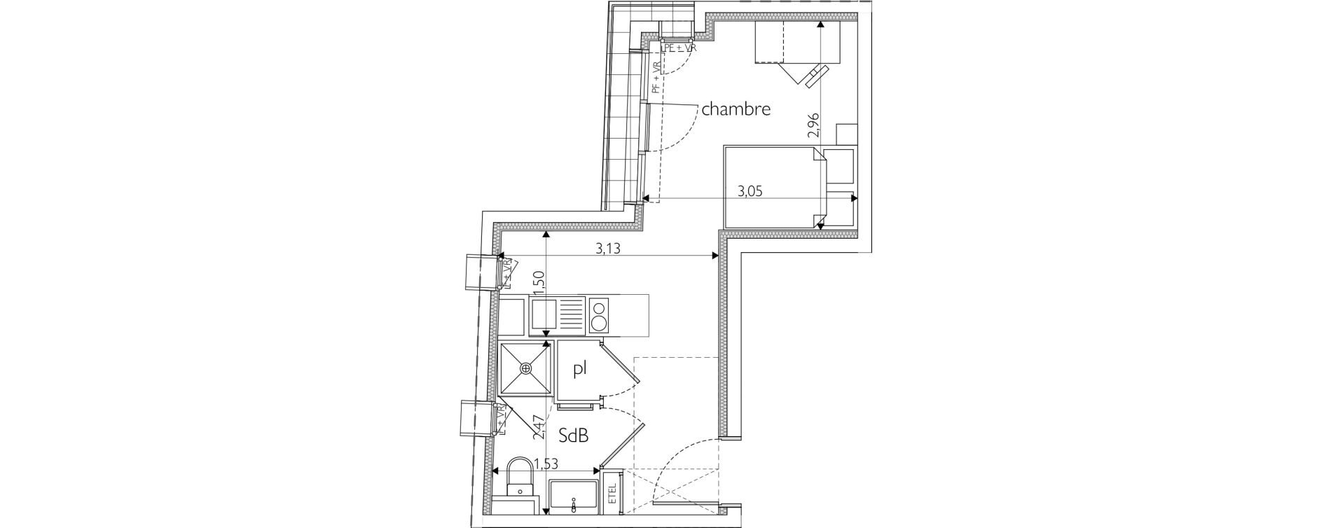 Appartement T1 meubl&eacute; de 20,43 m2 &agrave; Nice Route de turin