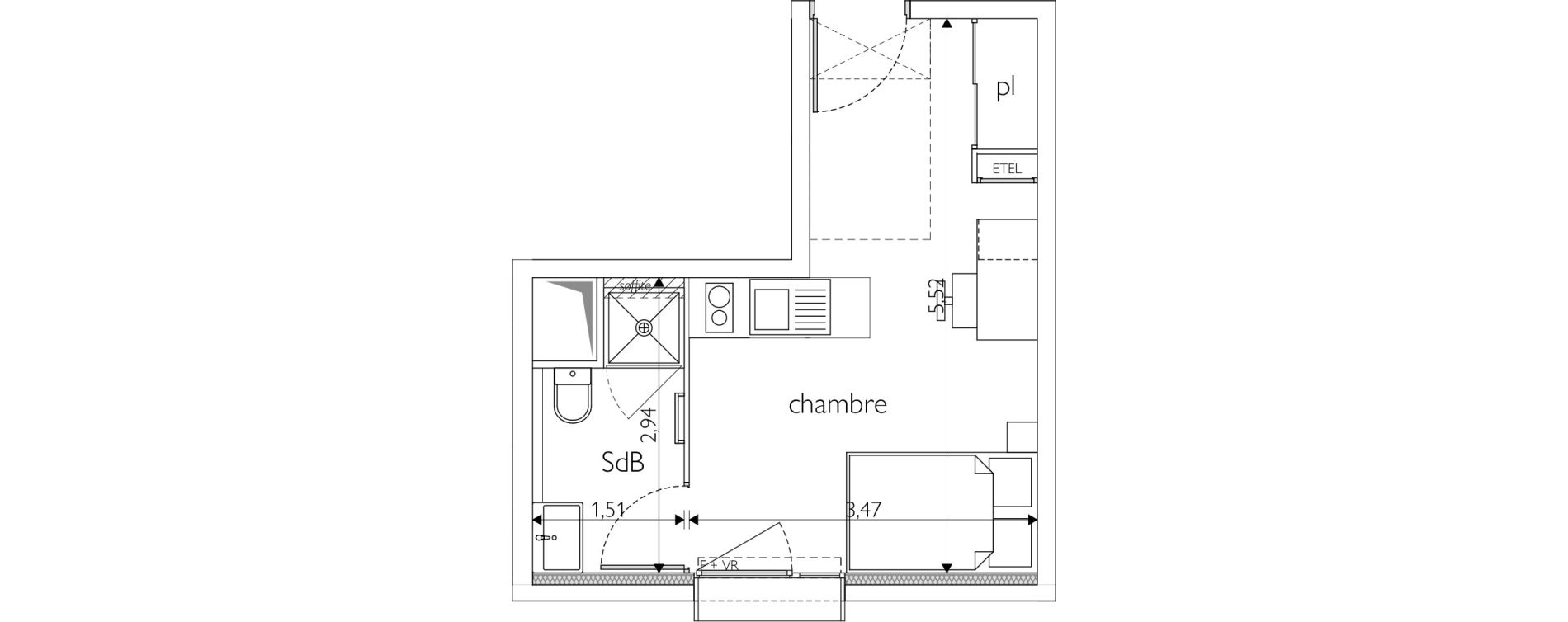 Appartement T1 meubl&eacute; de 19,62 m2 &agrave; Nice Route de turin
