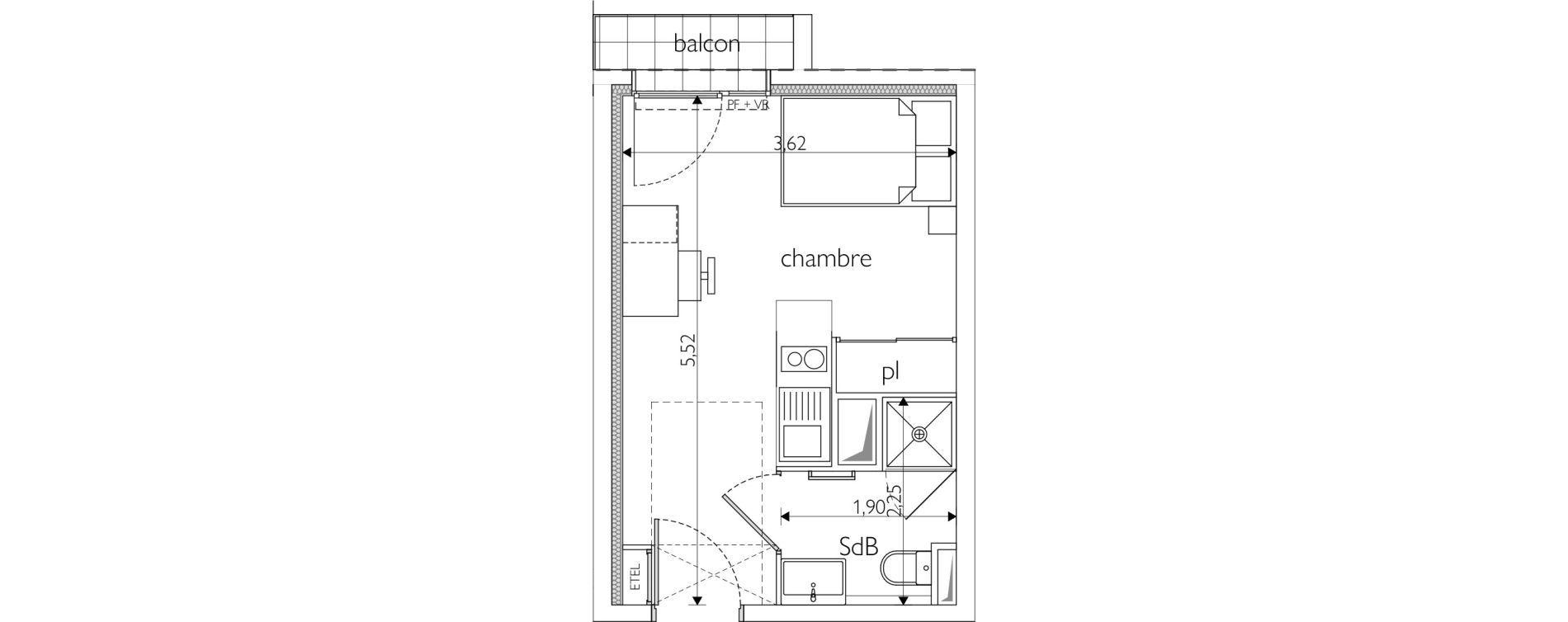 Appartement T1 meubl&eacute; de 18,96 m2 &agrave; Nice Route de turin