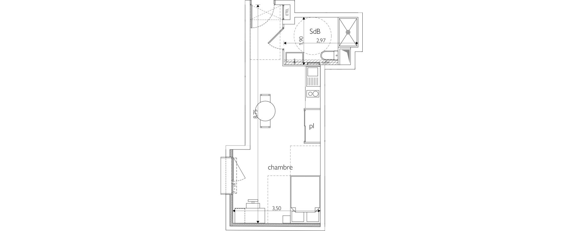 Appartement T1 meubl&eacute; de 27,93 m2 &agrave; Nice Route de turin