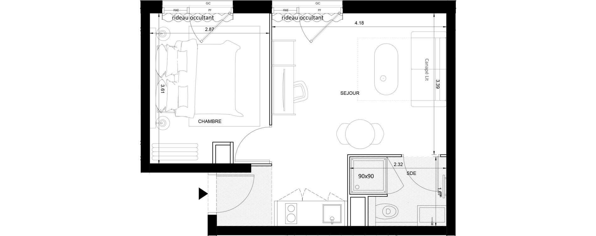 Appartement T2 meubl&eacute; de 31,99 m2 &agrave; Nice Grand ar&eacute;nas