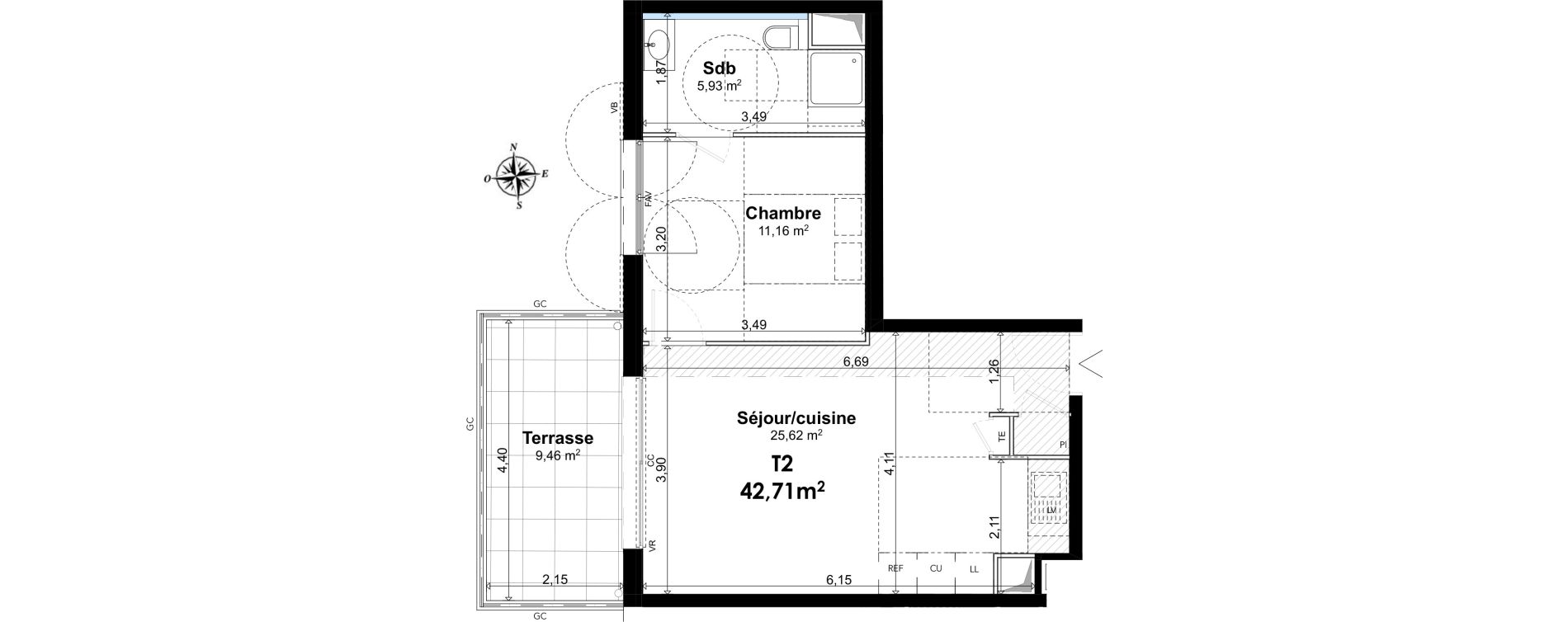 Appartement T2 de 42,71 m2 &agrave; Aix-En-Provence Le pigonnet