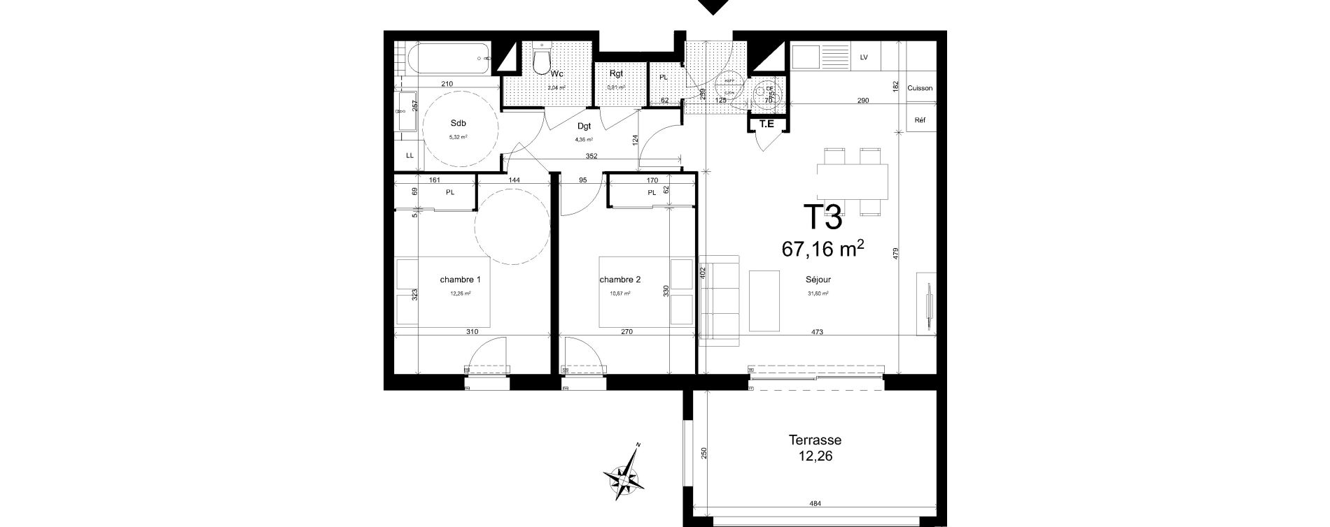 Appartement T3 de 67,16 m2 &agrave; Aix-En-Provence Jas de bouffan