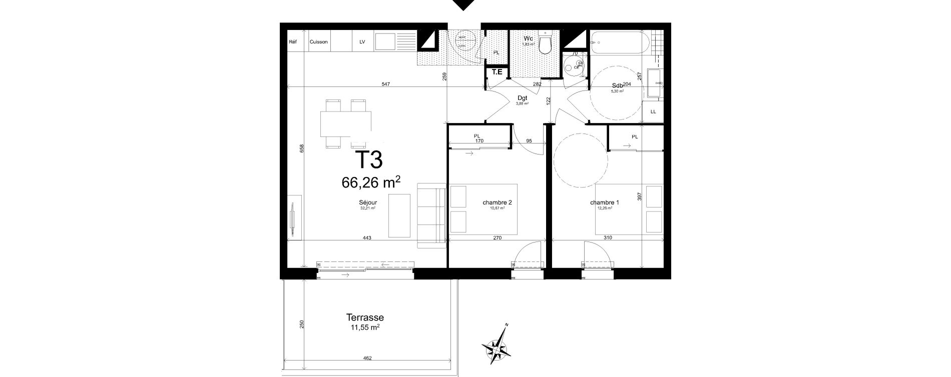 Appartement T3 de 66,26 m2 &agrave; Aix-En-Provence Jas de bouffan