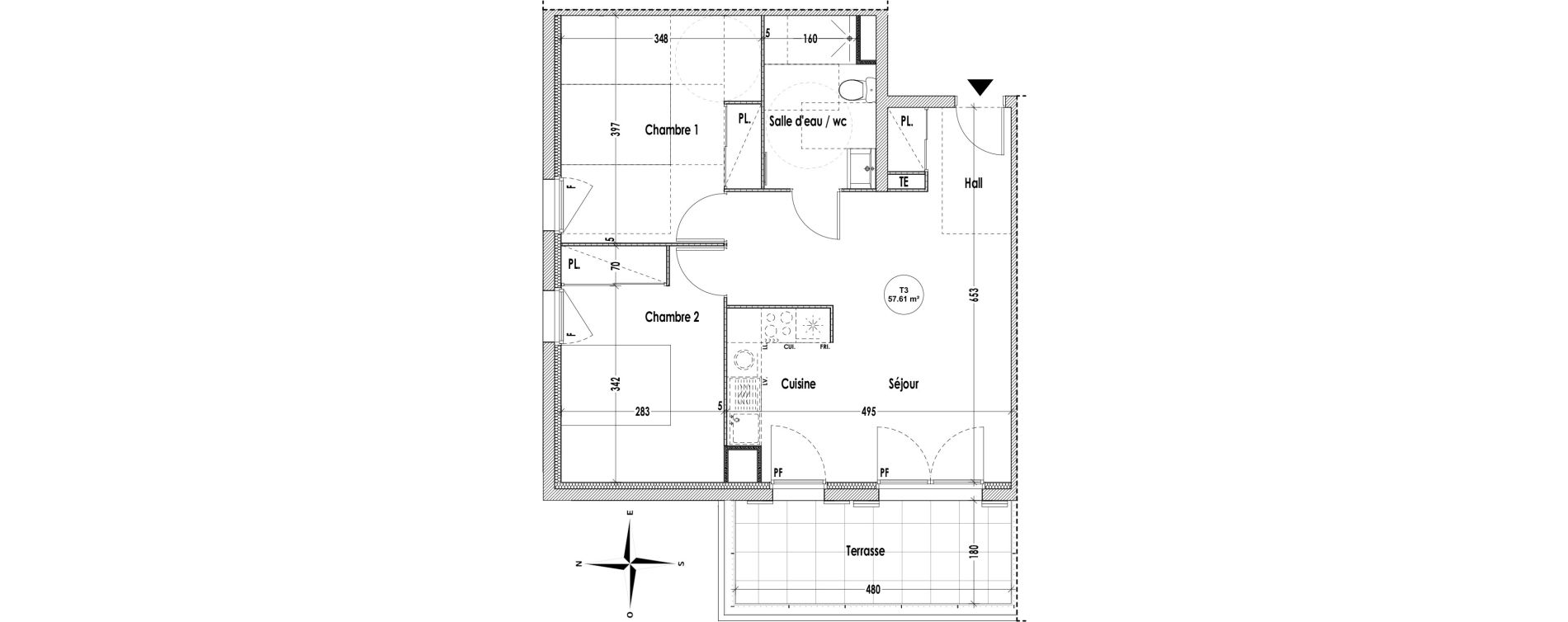 Appartement T3 de 57,61 m2 &agrave; Cabri&egrave;s Centre