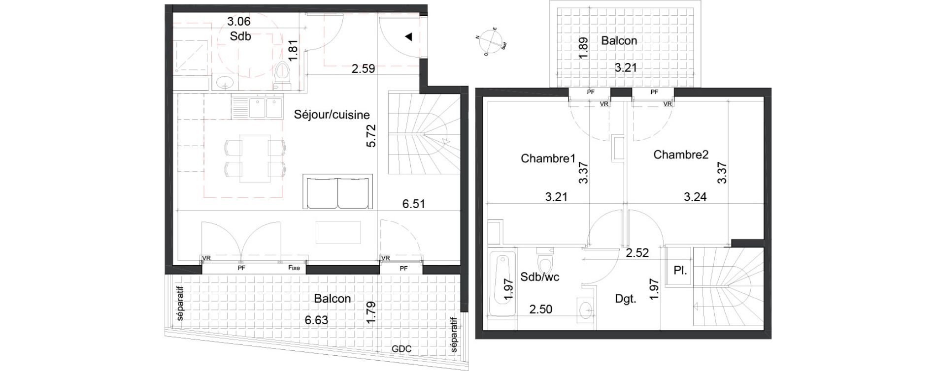 Duplex T3 de 63,46 m2 &agrave; Marseille La timone (10eme)