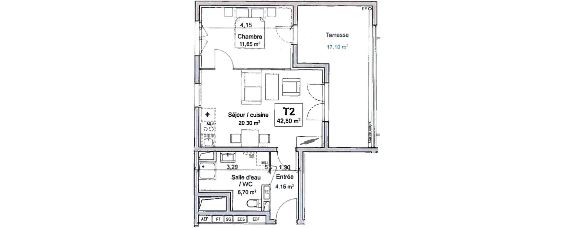 Appartement T2 de 42,80 m2 &agrave; Marseille Saint-louis (15eme)