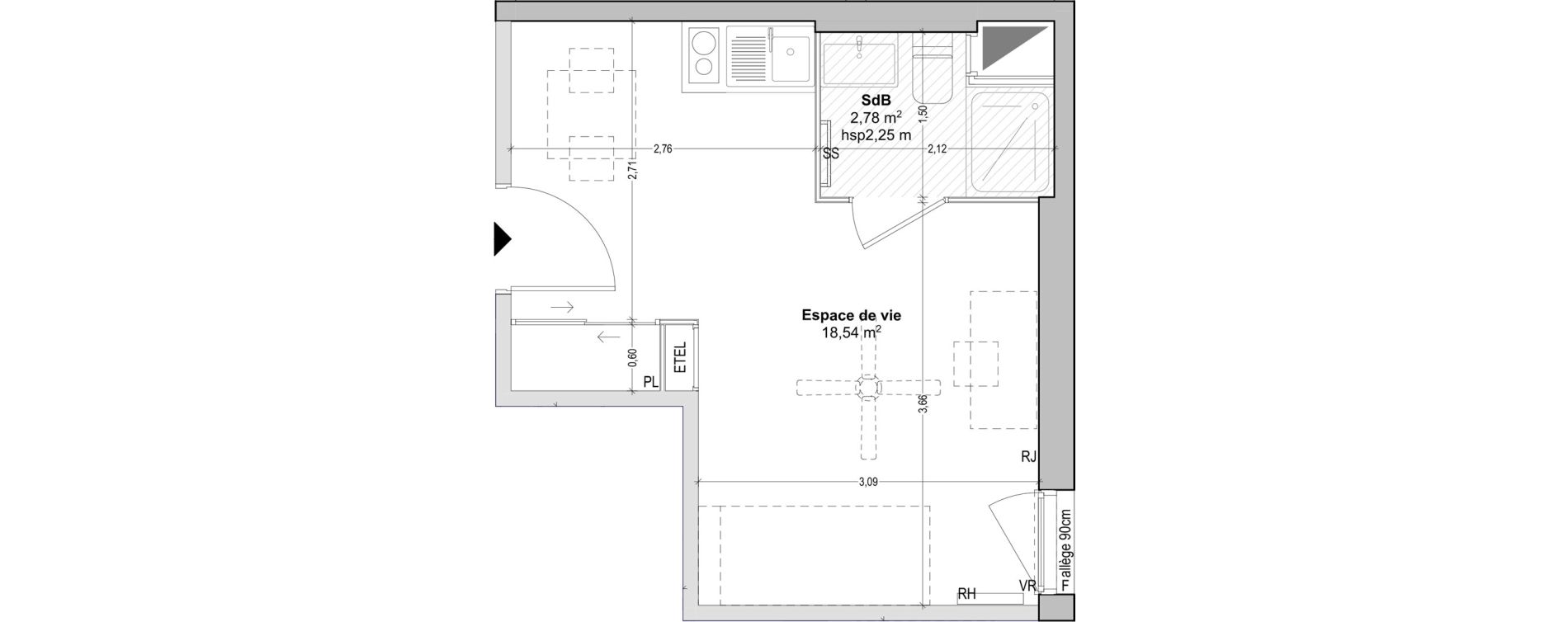 Appartement T1 de 21,32 m2 &agrave; Marseille Baille (5eme)