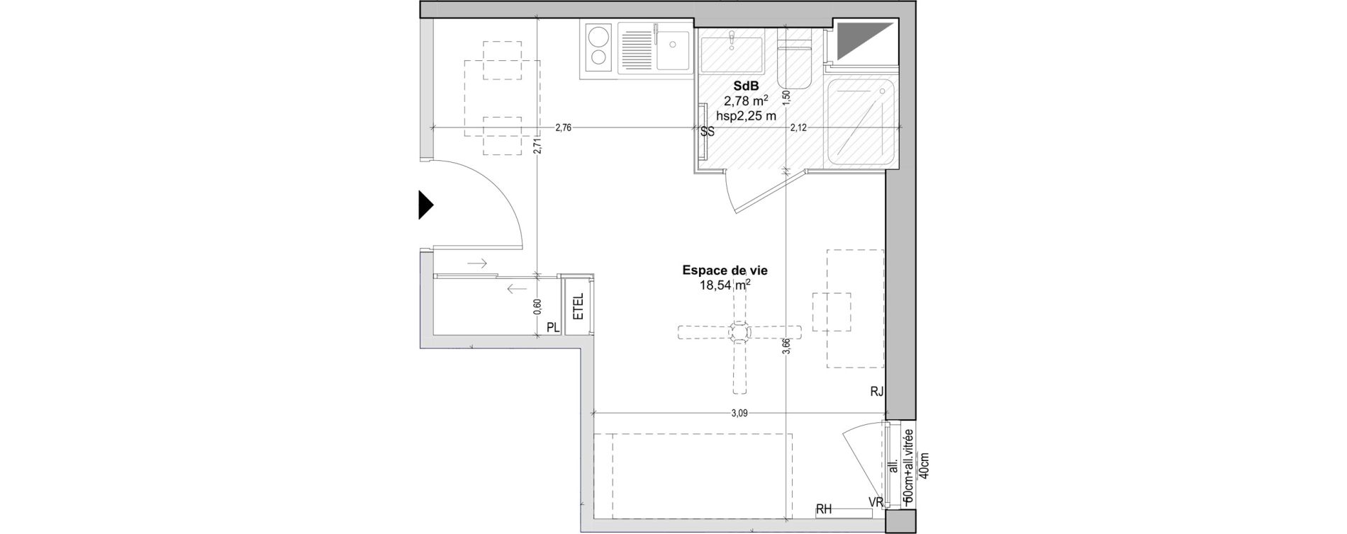 Appartement T1 de 21,32 m2 &agrave; Marseille Baille (5eme)