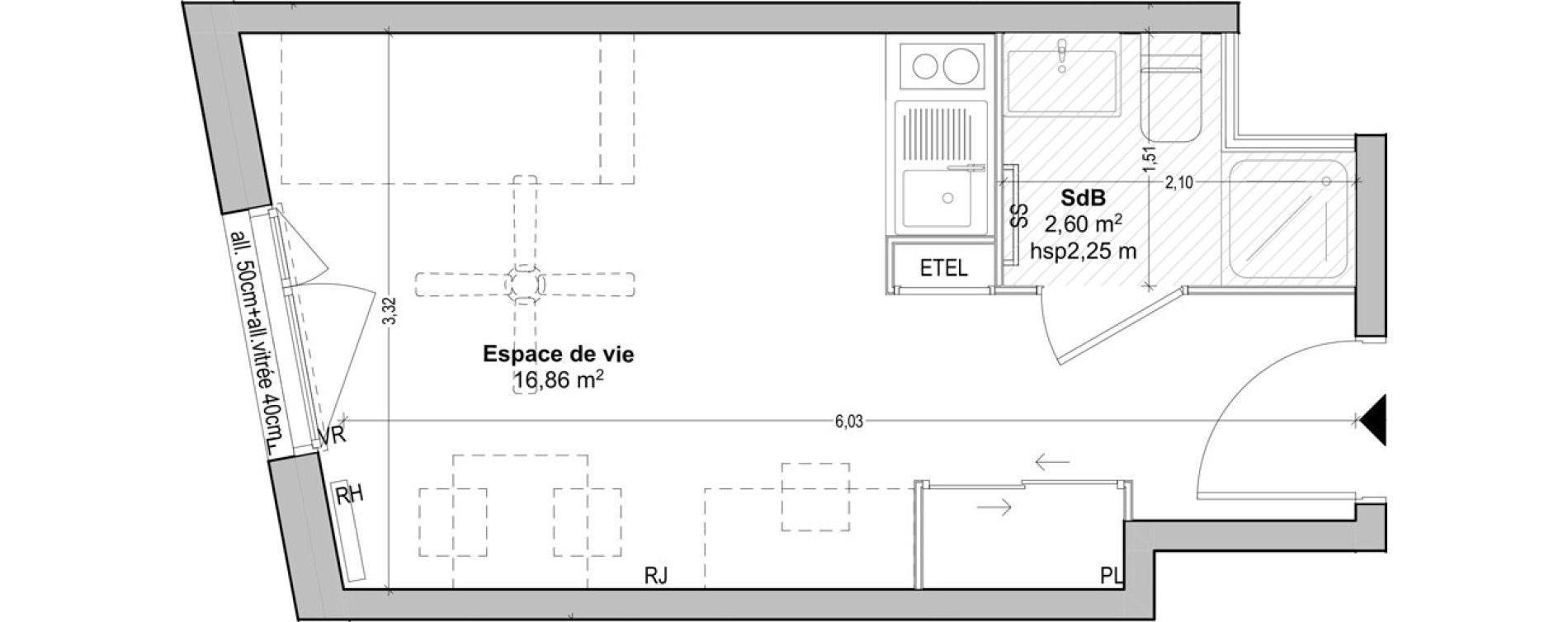 Appartement T1 de 19,46 m2 &agrave; Marseille Baille (5eme)