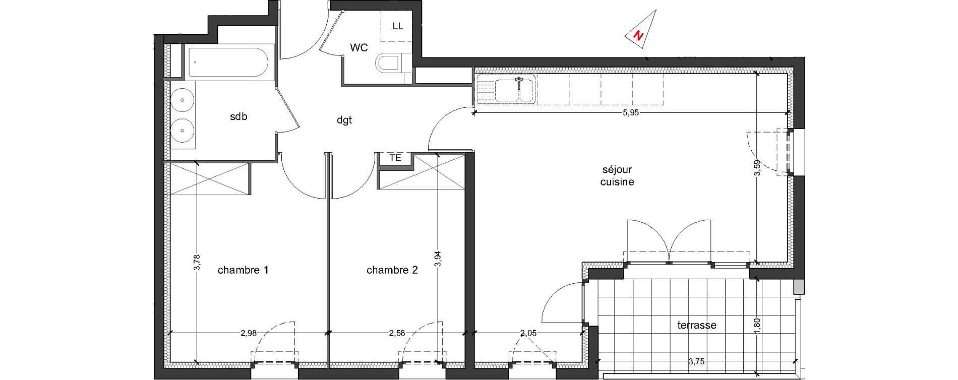 Appartement T3 de 59,44 m2 &agrave; Marseille Les trois-lucs (12eme)