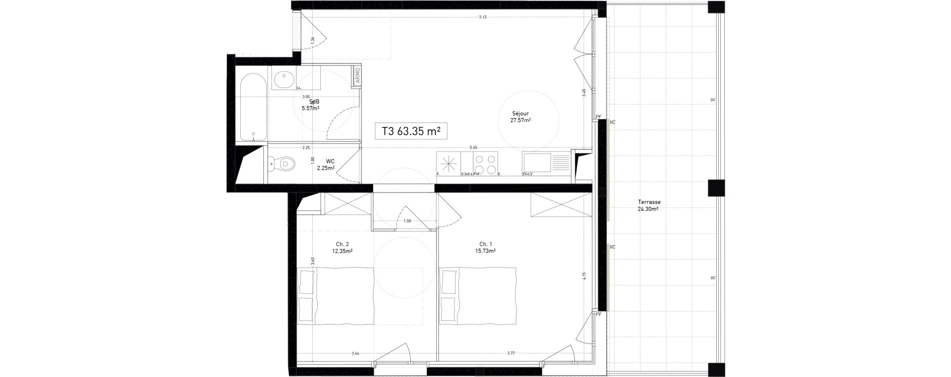Appartement T3 de 63,35 m2 &agrave; Marseille Cap pinede (15eme)