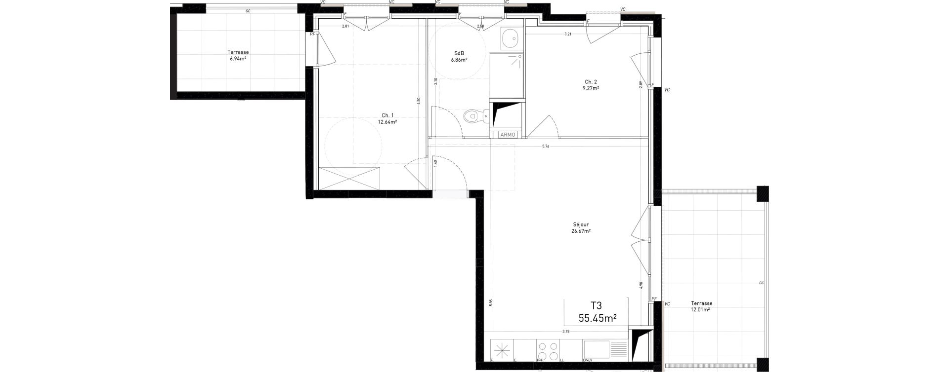 Appartement T3 de 55,45 m2 &agrave; Marseille Cap pinede (15eme)
