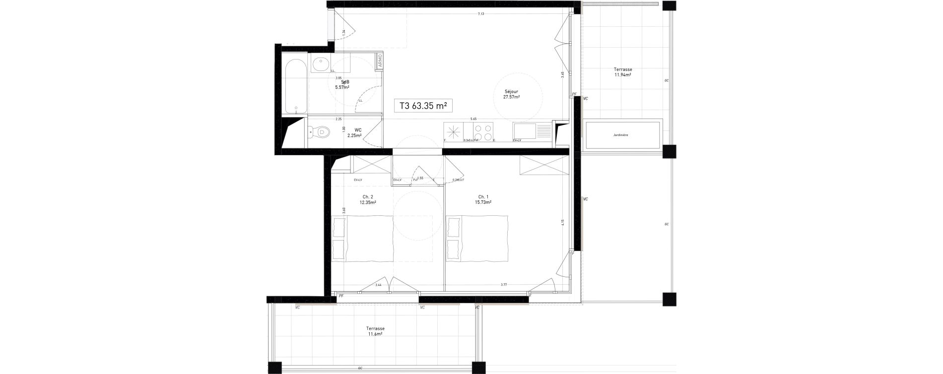 Appartement T3 de 63,35 m2 &agrave; Marseille Cap pinede (15eme)