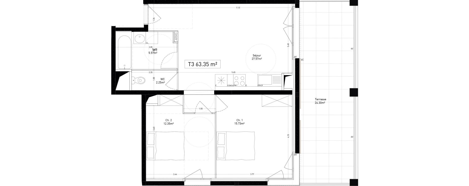 Appartement T3 de 63,35 m2 &agrave; Marseille Cap pinede (15eme)