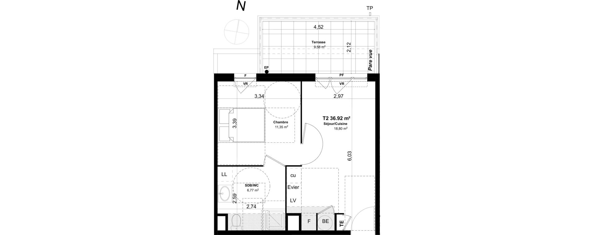 Appartement T2 de 36,92 m2 &agrave; Marseille Croix-rouge (13eme)