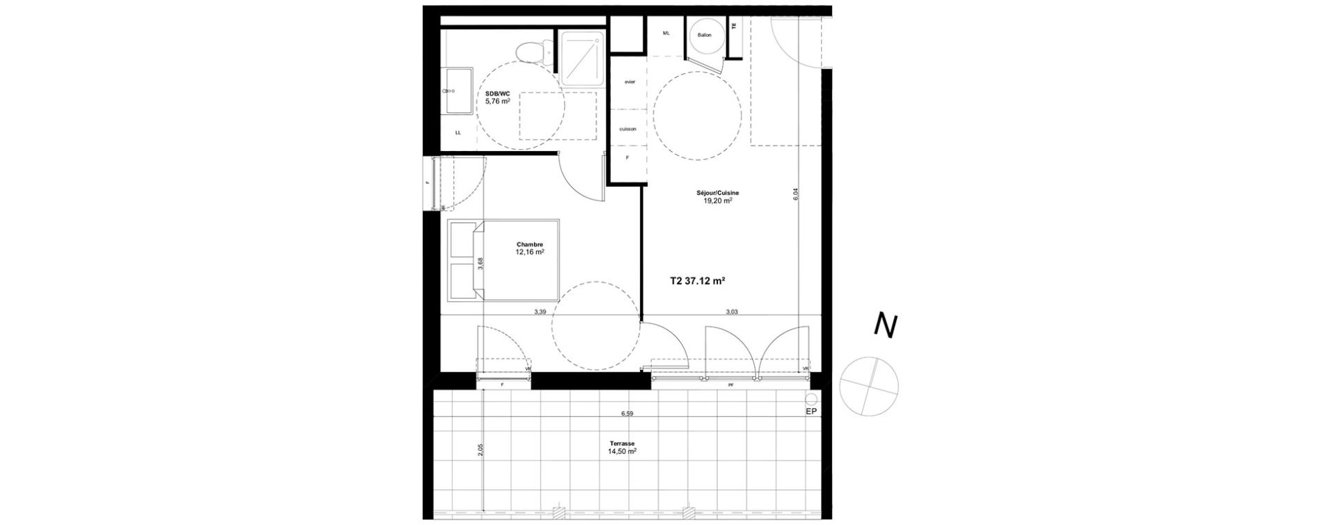 Appartement T2 de 37,12 m2 &agrave; Marseille Croix-rouge (13eme)