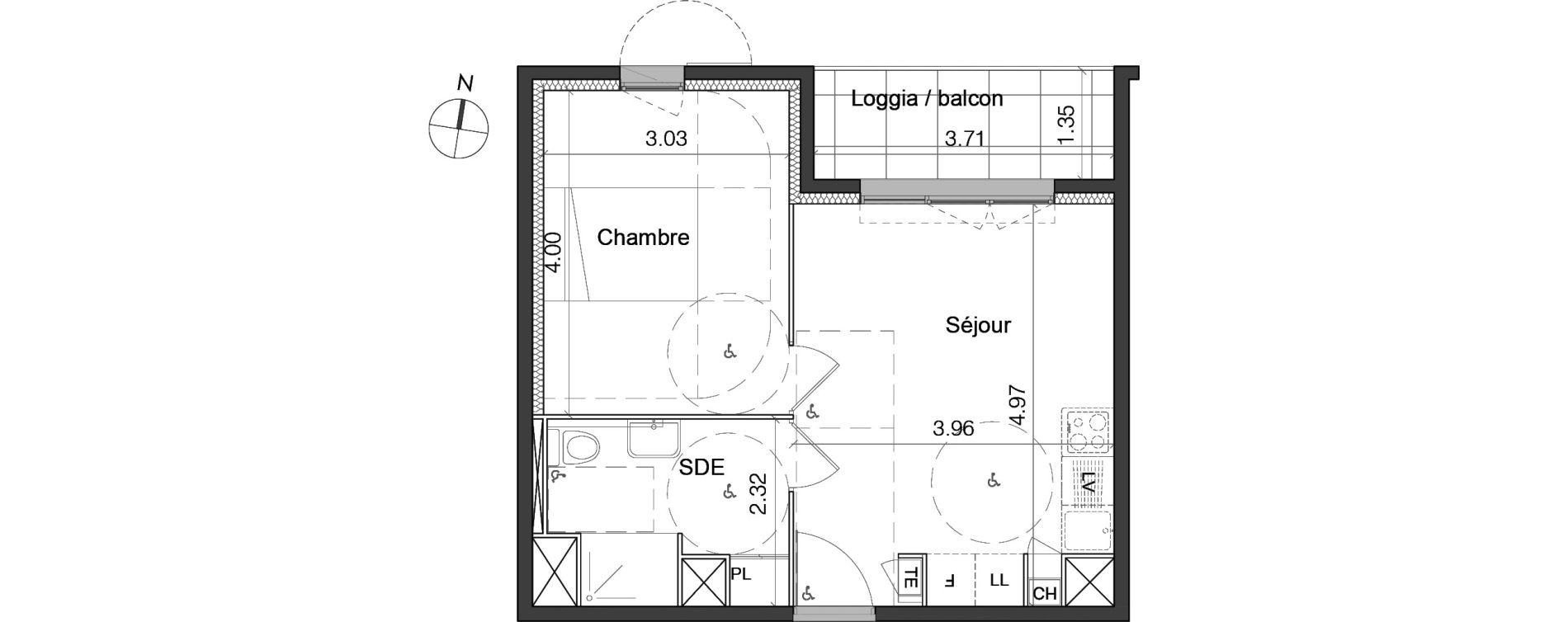 Appartement T2 de 37,24 m2 &agrave; Marseille Les trois-lucs (12eme)