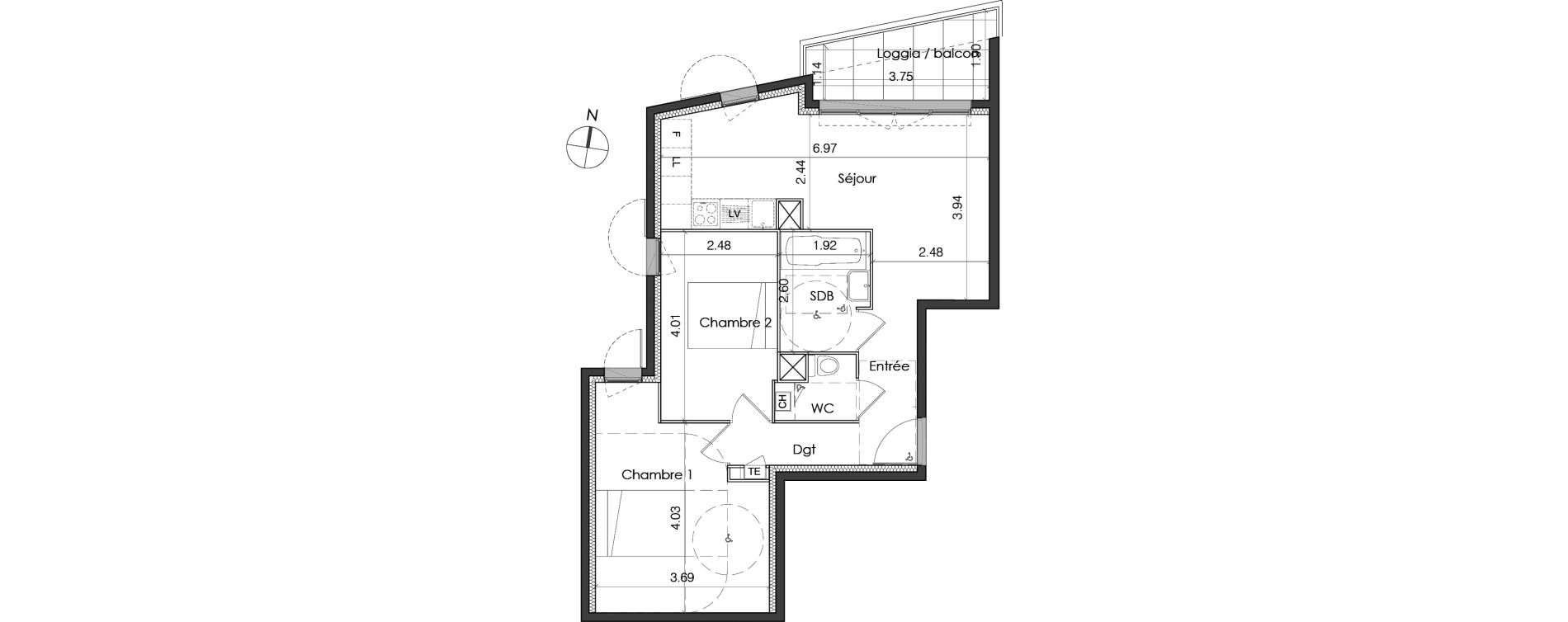 Appartement T3 de 58,98 m2 &agrave; Marseille Les trois-lucs (12eme)