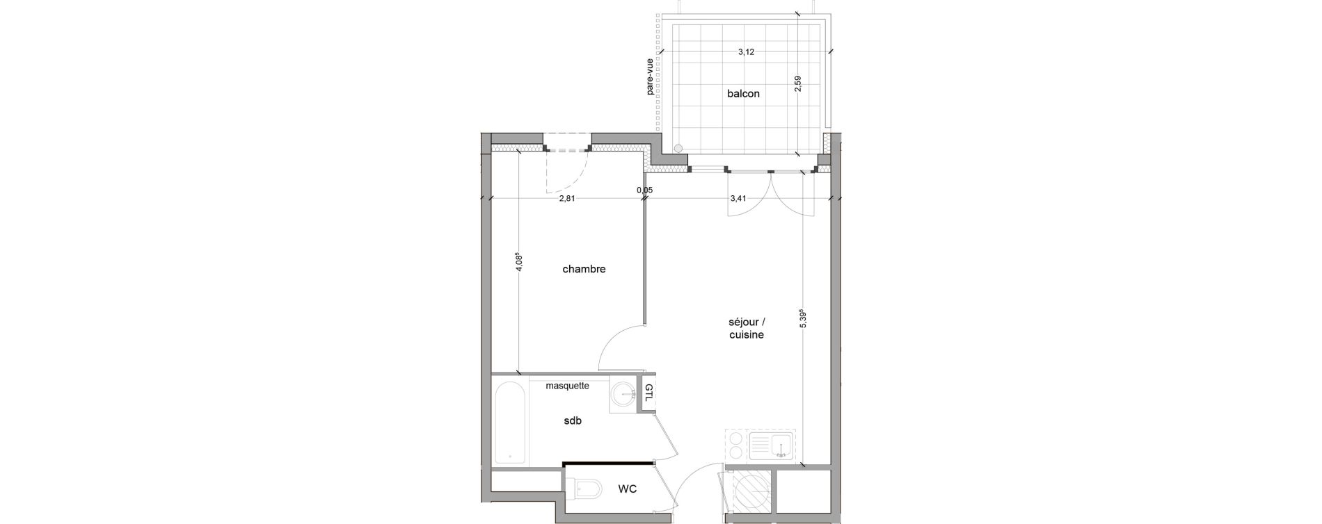 Appartement T2 de 37,61 m2 &agrave; Vitrolles Le village