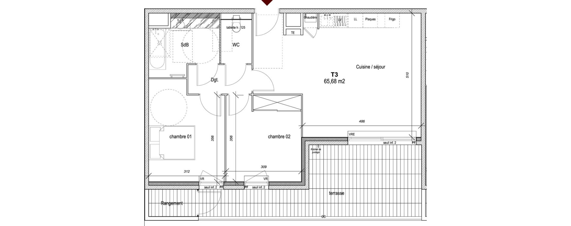 Appartement T3 de 65,68 m2 &agrave; Hy&egrave;res Centre