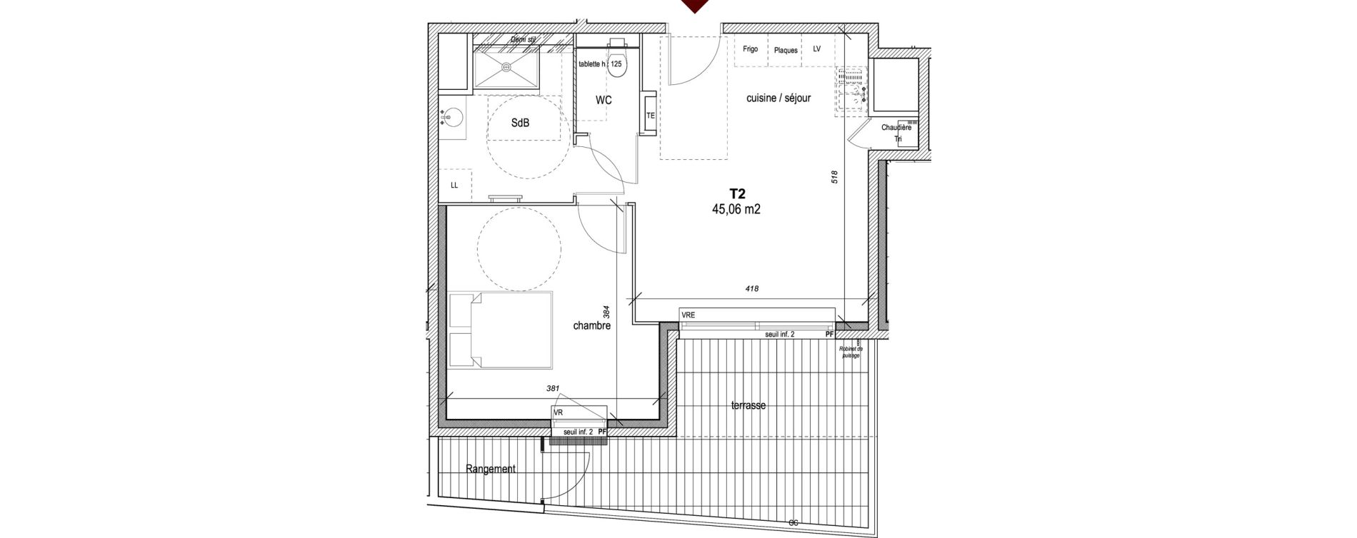 Appartement T2 de 45,06 m2 &agrave; Hy&egrave;res Centre