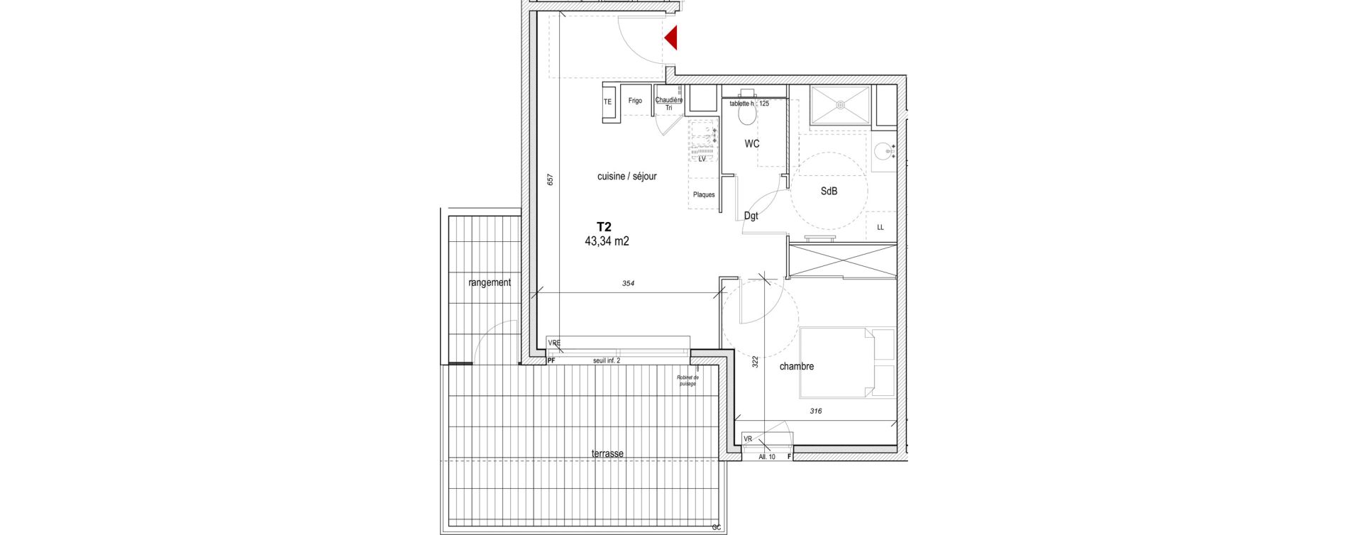 Appartement T2 de 43,34 m2 &agrave; Hy&egrave;res Centre