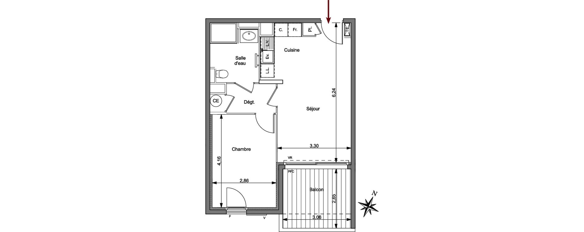 Appartement T2 de 42,70 m2 &agrave; Hy&egrave;res Centre