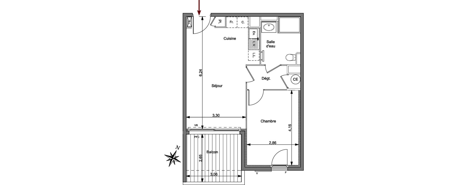 Appartement T2 de 42,82 m2 &agrave; Hy&egrave;res Centre