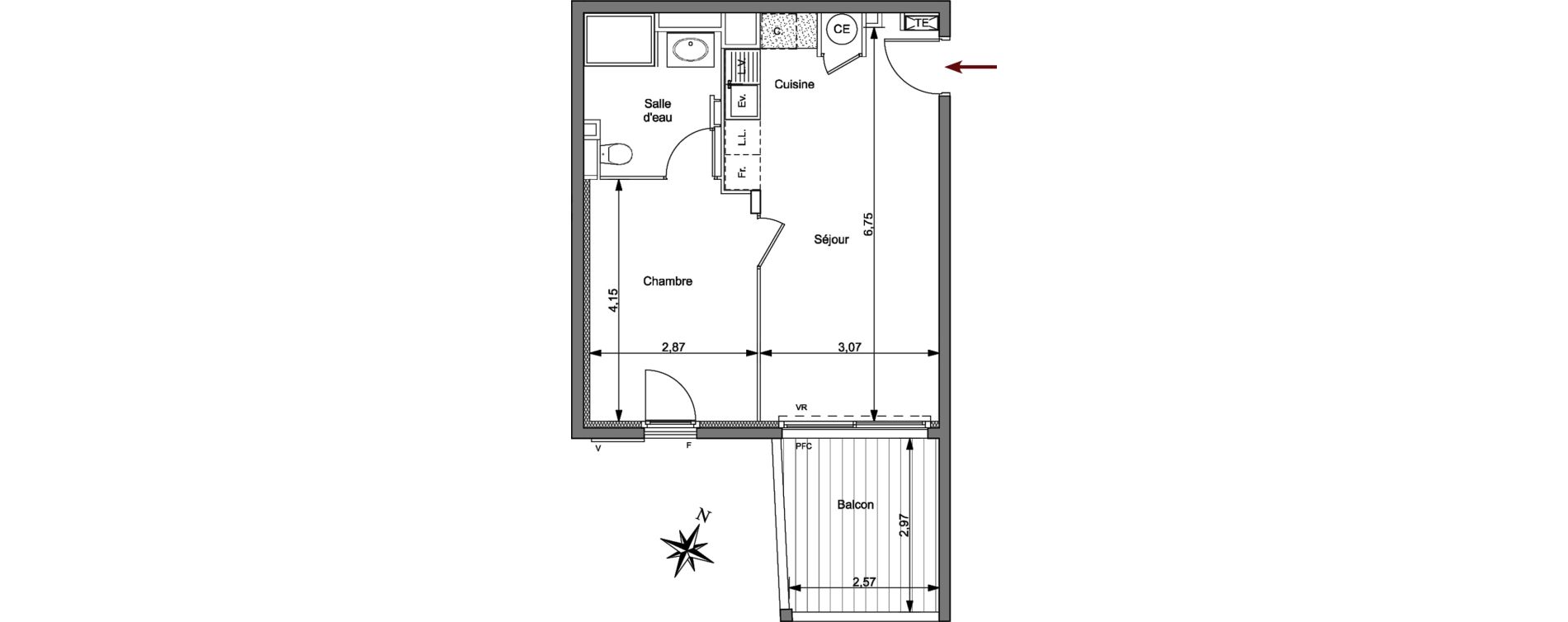 Appartement T2 de 40,25 m2 &agrave; Hy&egrave;res Centre