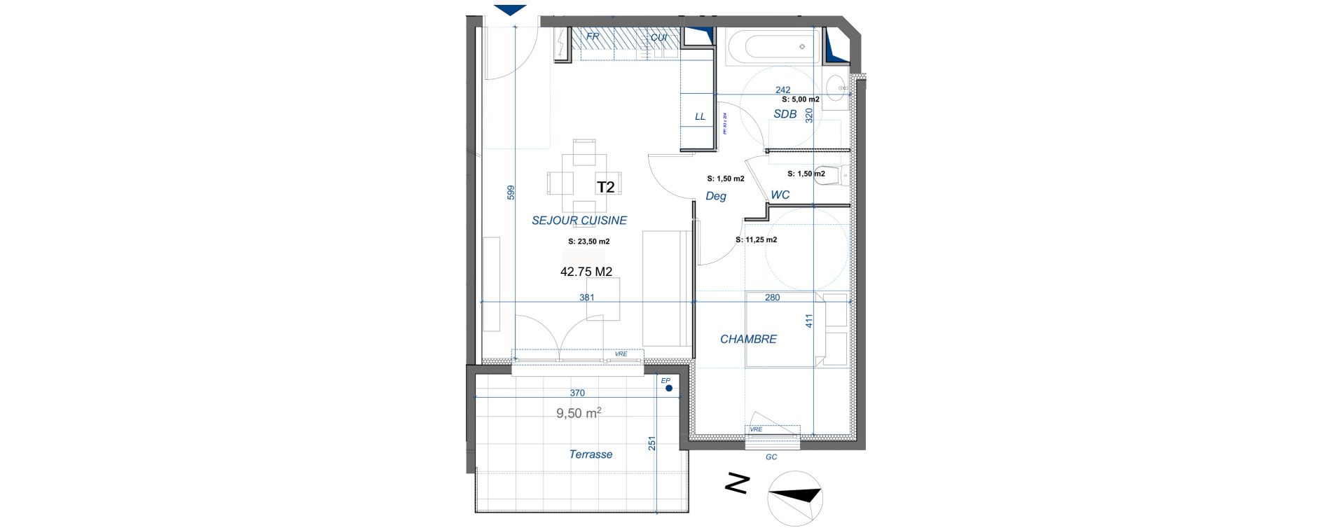 Appartement T2 de 42,75 m2 &agrave; La Valette-Du-Var Centre