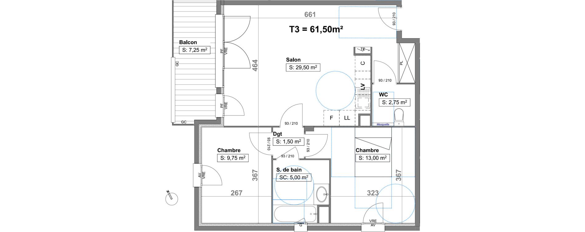 Appartement T3 de 61,50 m2 au Luc Centre