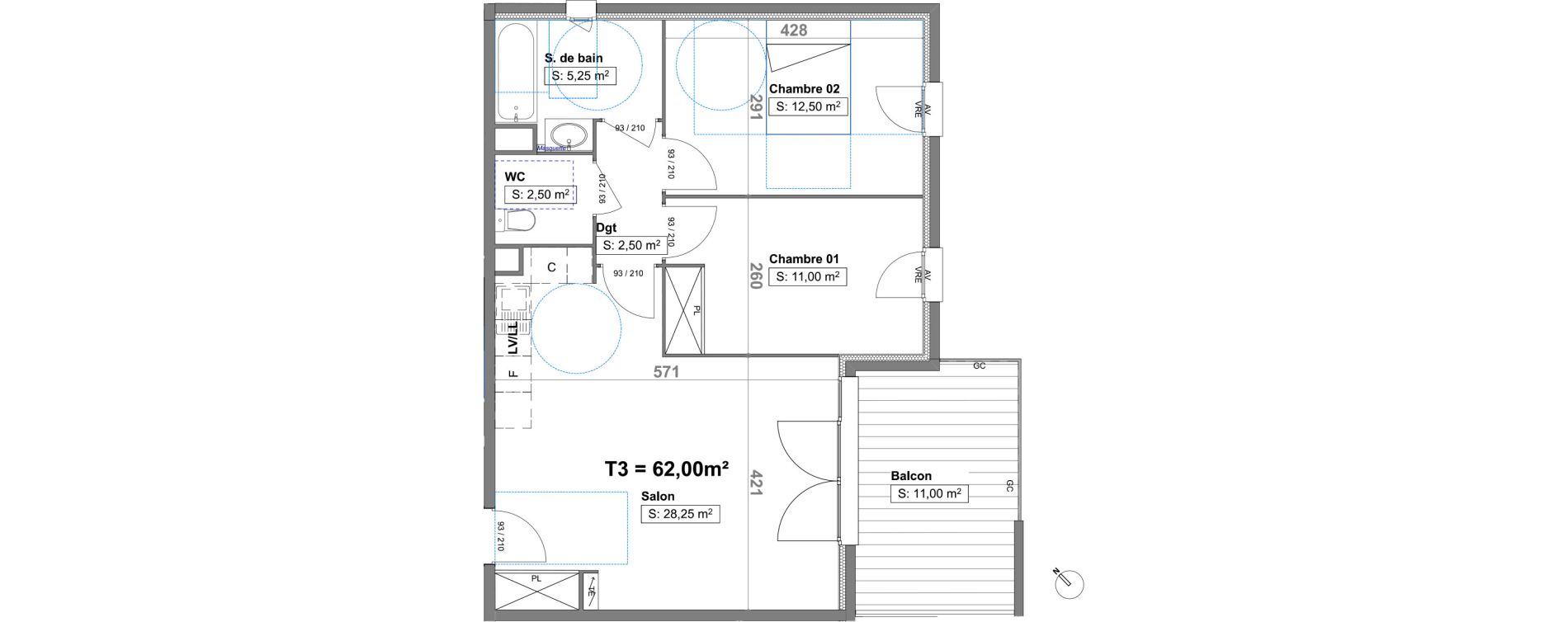 Appartement T3 de 62,00 m2 au Luc Centre