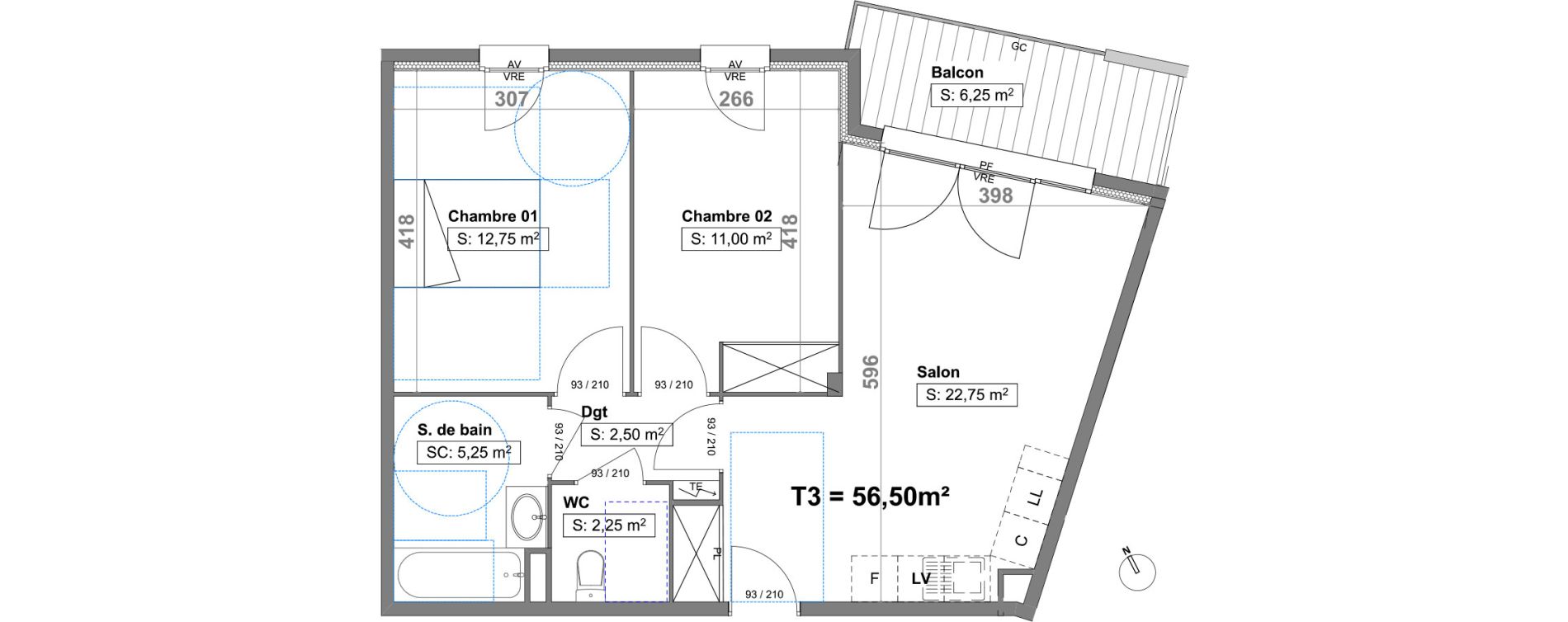 Appartement T3 de 56,50 m2 au Luc Centre